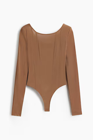 H & M - Langarmbody aus Mesh - Beige - Damen | H&M (DE, AT, CH, NL, FI)