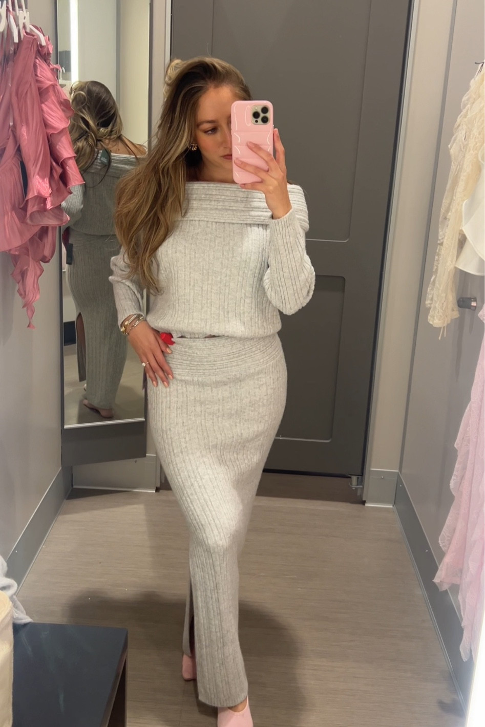 target sweater set - 
wearing Medium top and Small skirt

My measurements:
5’2, 24-25 waist, Small top, 6.5 shoe