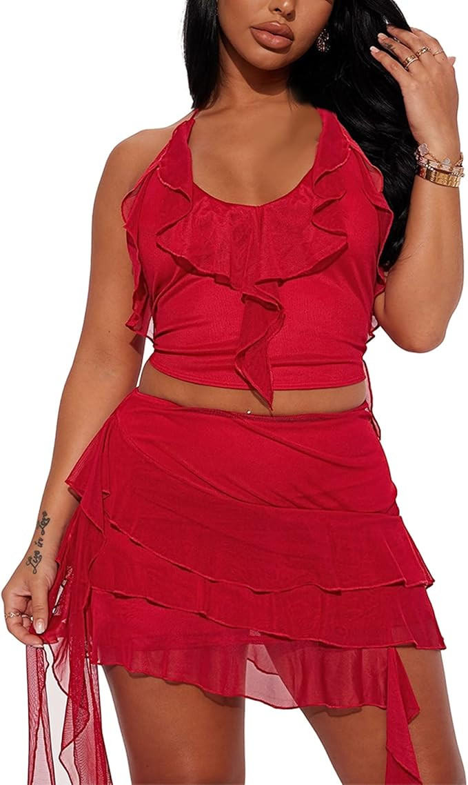 MOEENCN 2 Piece Skirt Sets for Women Sexy Sheer Mesh Bodycon Sleeveless V Neck Outfits Backless R... | Amazon (US)