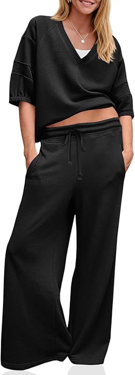 Fisoew Womens 2 Piece Outfits Casual V Neck Shirts Wide Leg Running Long Pants Loose Workout Trac... | Amazon (US)