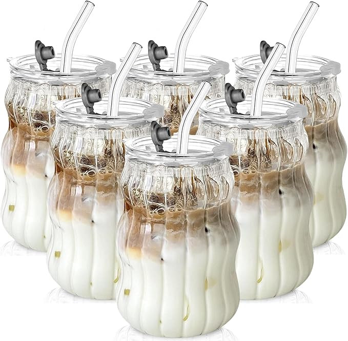 KEMORELA Gerippte Trinkgläser 2er Set 530ml mit Glasstrohhalmen, Deckeln & Reinigungsbürste –... | Amazon (DE)