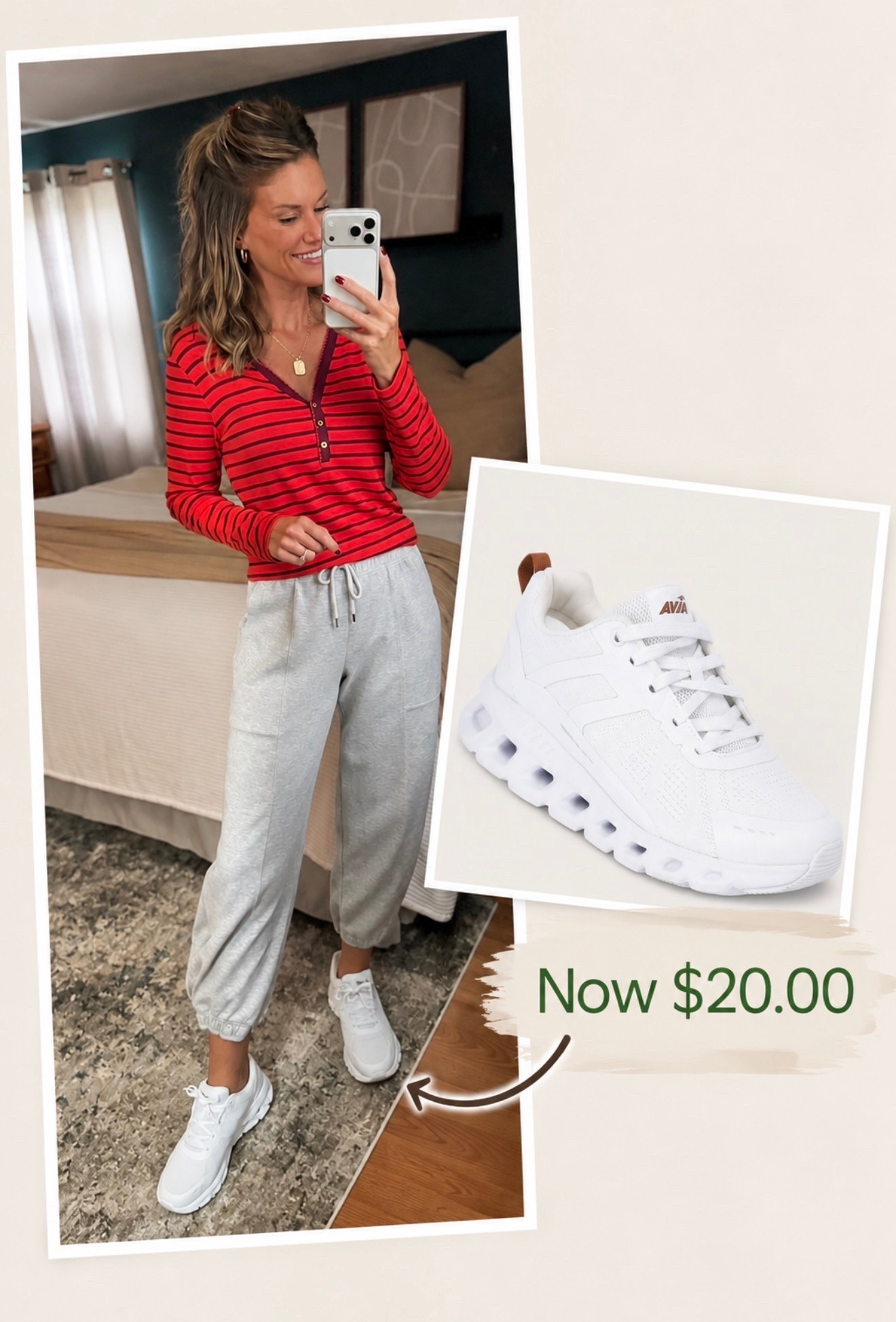 Walmart sneakers down to $20!! Size down if between. 
Top/ small
Joggers/ small