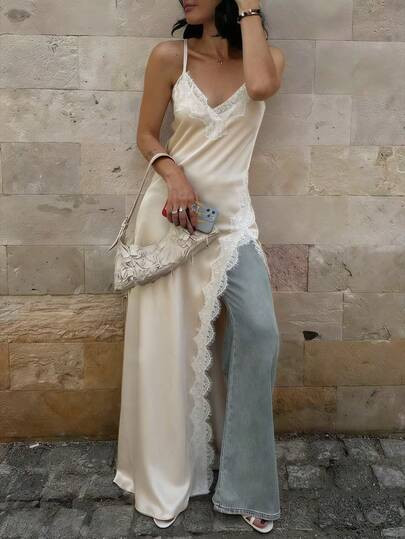 Satin Lace Patchwork Hollow Out Spaghetti Strap Asymmetric Dress, French Retro Backless Elegant S... | SHEIN