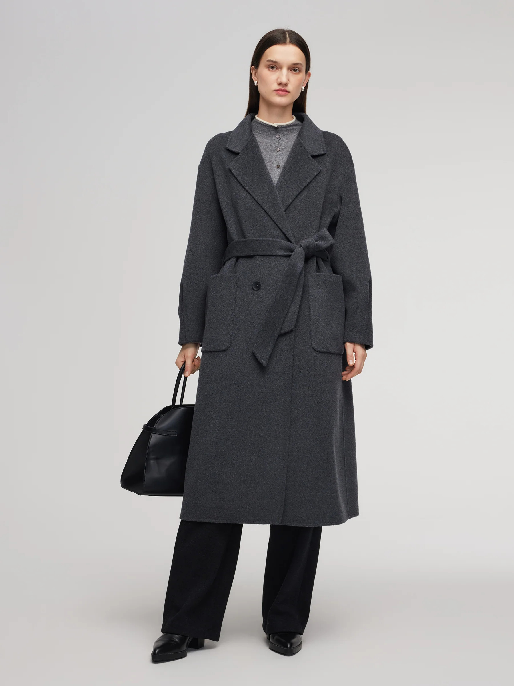 100% Wool Double-Faced Women Wrap Overcoat - Dark Melange Grey / L | GOELIA