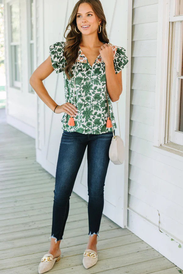 THML: Turn To Fun Green Floral Blouse | The Mint Julep Boutique