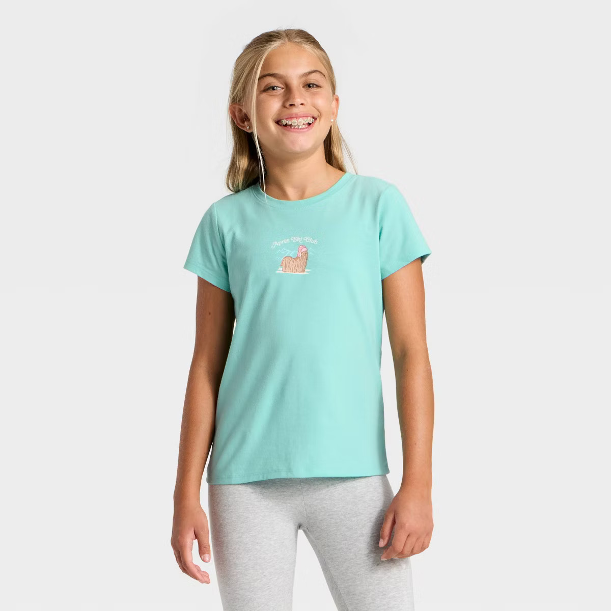 Girls' Short Sleeve 'Ski Dog' Graphic T-Shirt - Cat & Jack™ Aqua Green XS | Target