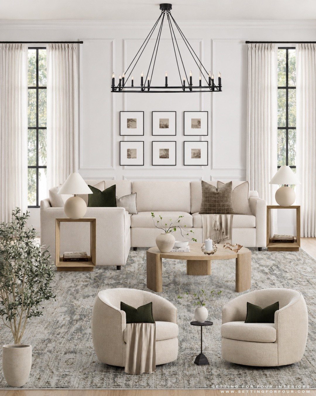 Neutral and cozy living room. Great room, living room chandelier, pillows, vase, coffee table decor, sectional sofa, swivel chairs, round coffee table, wood, marble, Loloi area rug, pillow, throw blanket, olive tree, planter, gallery wall, wall art, picture frames, end table, table lamp, Pottery Barn style, Crate & Barrel style, Amazon home, Arhaus, green, beige and brown, aesthetic

#LTKhome #LTKsale #LTKfamily