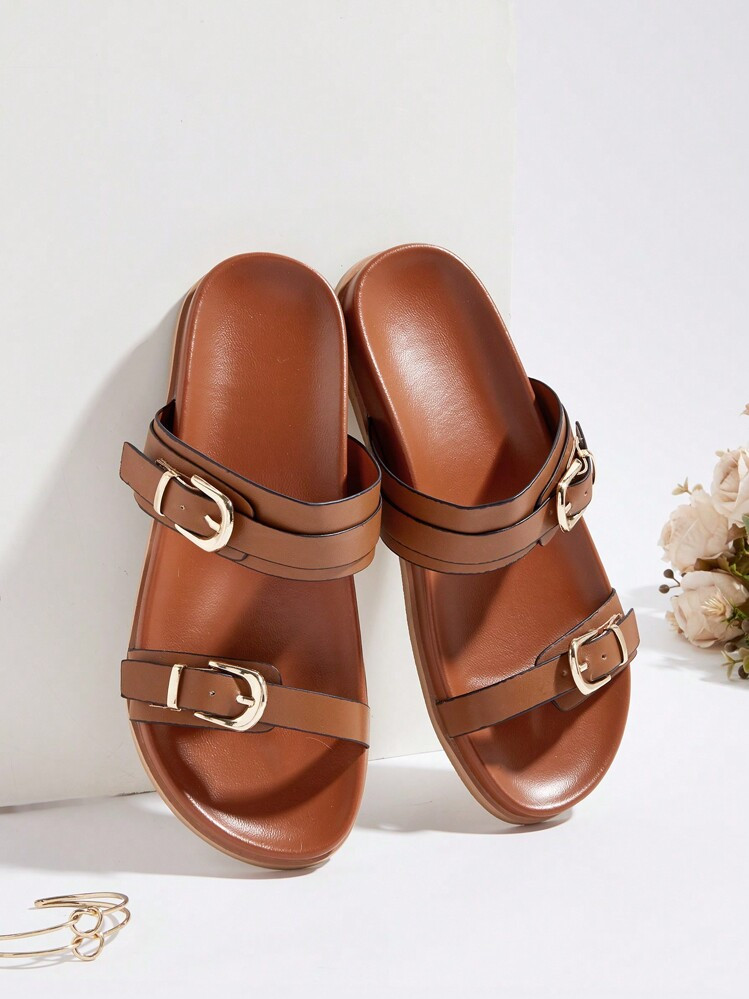 Casual Holiday Brown Metal Strap Flat Sandals | SHEIN