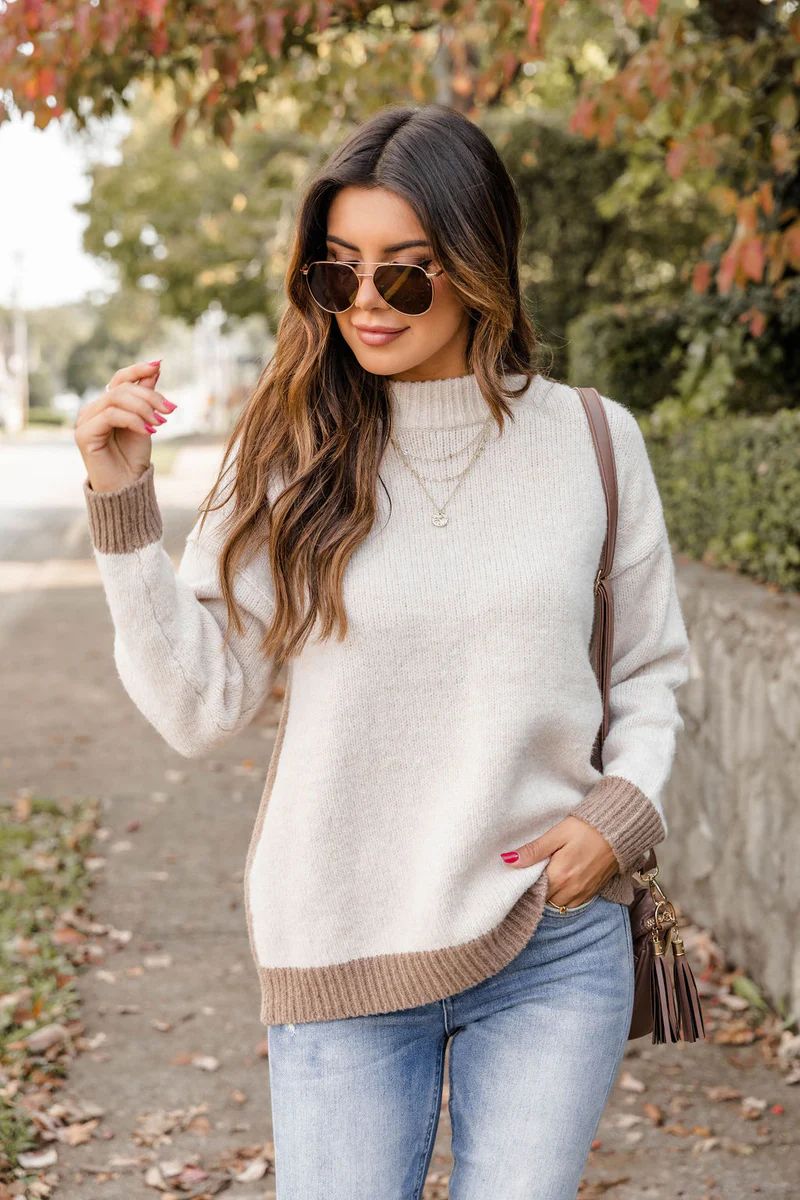 Cool Again Beige Colorblock Mock Neck Sweater FINAL SALE | Pink Lily