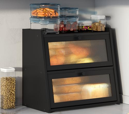 viewcare Black Bread Box, Double Layer Large Bread Box for Kitchen Counter, Bamboo Bread Storage Container with Wavy Acrylic Transparent Door | Amazon (US)