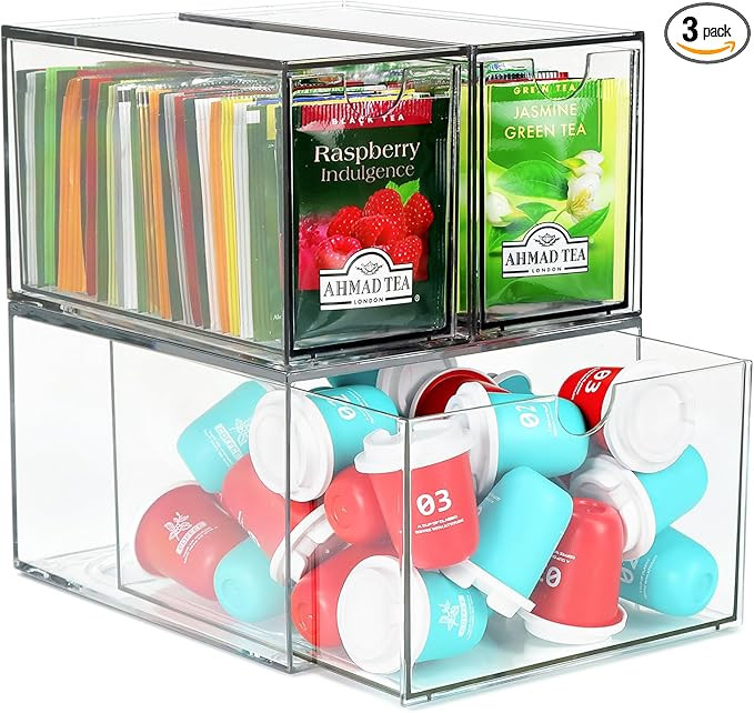 3 Acrylic Coffee Pod Holder Drawer, Stackable K Cup and Tea Bag Organizer, Tea Bag Storage Organi... | Amazon (US)