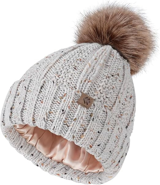 Satin Lined Beanie Hats, Pom Pom Beanie for Women Girls, Warm Winter Hat Knit Ski Hats with Faux ... | Amazon (US)