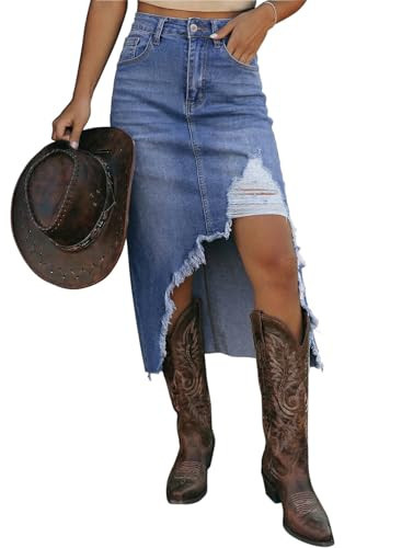 Dokotoo High Waisted Denim Skirt for Women Summer Distressed Summer Button Front Ripped Midi Jean Skirt Long Denim Skirts Cowboy Western Outfits for Women Cowgirl Dress Sky Blue Skirts Large | Amazon (US)