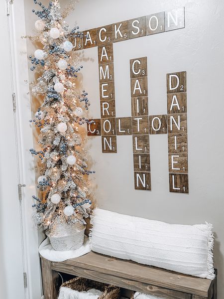 Entryway decor
Tree is from Michaels
Pillow is old from Target, and no longer in stock
Scrabble letters were a diy
Basket is amazon
Tree skirt, and picks from hobby lobby
Ornaments are from Target last season

#LTKHoliday #LTKSeasonal #LTKhome