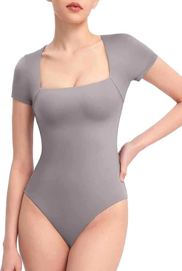 PUMIEY Women's Square Neck Short Sleeve Bodysuit T Shirts Tops For Women Trendy Smoke Cloud Pro C... | Amazon (US)