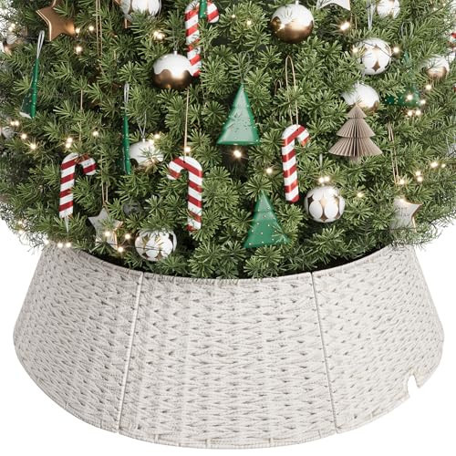 ELYKEN Christmas Tree Collar, 42 Inch Woven Christmas Tree Basket, Cotton Rope Xmas Tree Skirt Tree Ring, Tree Base Cover with Cord Cut-Out, Rustic Farmhouse Pencil Tree Collar for Holiday Home Decor | Amazon (US)