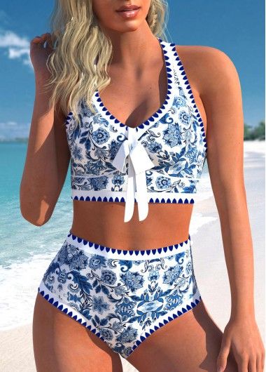 MODLILY® Bowknot High Waisted Tribal Print Blue Bikini Set | modlily.com