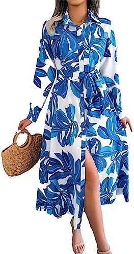 Women Floral Print Dress Casual Maxi Shirt Dressse Belt Long Sleeve Dress Office Wordress | Amazon (US)