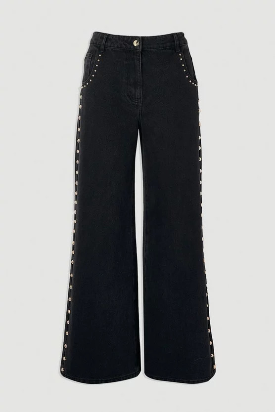 Denim Studded Wide Leg Trouser | Karen Millen UK + IE + DE + NL