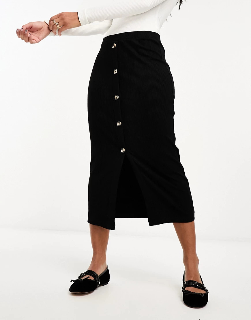 ASOS DESIGN ribbed midi skirt with horn buttons in black | ASOS (Global)