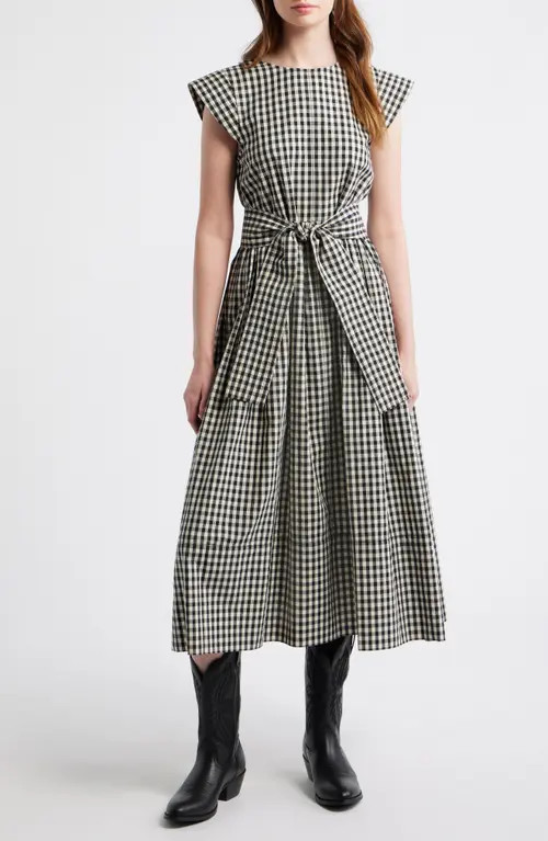 THE GREAT. The Tulsa Gingham Belted Cotton Midi Dress in Black And Cream Check at Nordstrom, Size 3 | Nordstrom