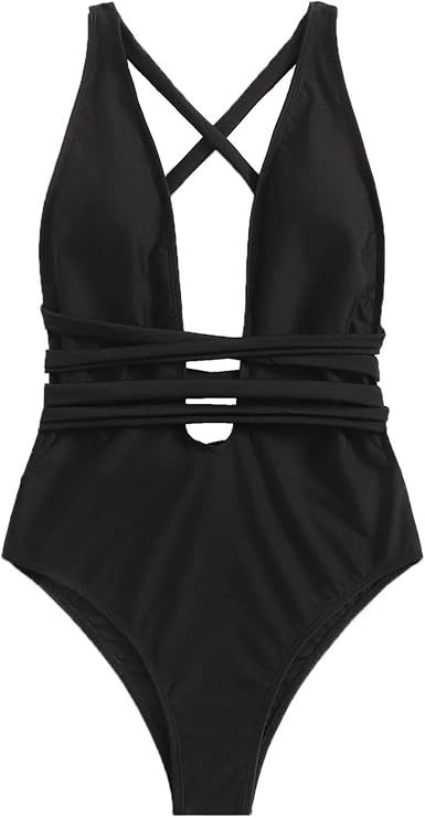 SweatyRocks Women's Sexy Basic Criss Cross Tie Knot Front Deep V Open Back One Piece Swimwear | Amazon (US)