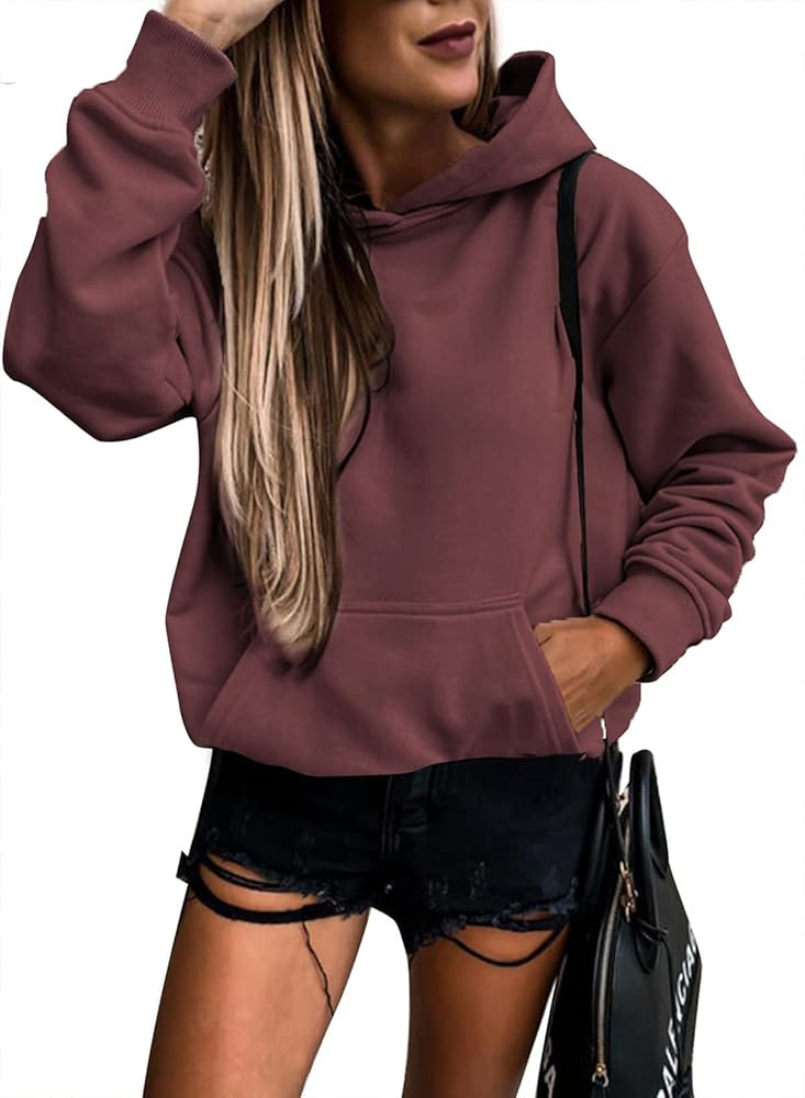SHEWIN Women's Casual Hoodies Long Sleeve Solid Lightweight Pullover Tops Loose Sweatshirt with Pock | Amazon (US)