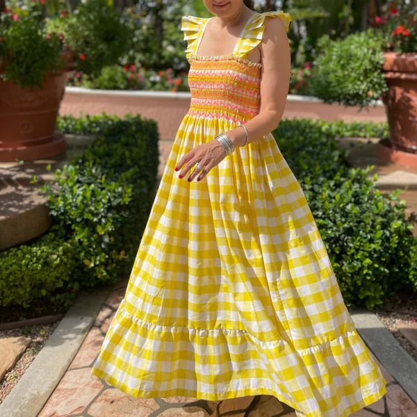 Rachel Carson Women's Dress Sunshine Gingham with Tangerine Dreams Hand Smocking | Smock London