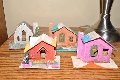 Lot of 4 Vintage Christmas Village Cardboard Painted Putz Mica House Japan 1930s  | eBay | eBay US