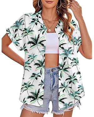 Zeagoo Women's Hawaiian Button Down Shirts Casual Short Sleeve Floral Tropic Print Summer Blouse ... | Amazon (US)