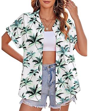 Zeagoo Women's Hawaiian Button Down Shirts Casual Short Sleeve Floral Tropic Print Summer Blouse ... | Amazon (US)
