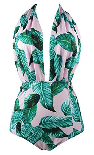 Cocoship Pink & Forest Green Leaves Retro One Piece Backless Bather Swimsuit Pin Up Swimwear Monokin | Amazon (US)