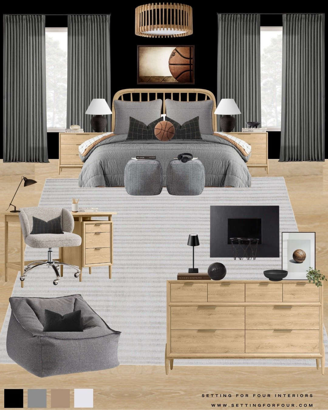 Functional and cozy boy’s bedroom for the basketball and sports guy! Neutral mood board and decor ideas.
Teen room, boy, Organic modern, transitional, minimalist, basketball wall art, gray bedding, light wood nightstands, sports decor, basketball net, flush mount light, pinch pleat curtains, neutral, earthy, moody, grey, black, beige, wood, kids bed, desk, desk chair, wood dresser, lounge chair, beanbag chair, Pottery barn style, Crate & Barrel aesthetic #LTKmomlife#LTKFindsUnder50 #LTKsale

#LTKfamily #LTKkids #LTKhome