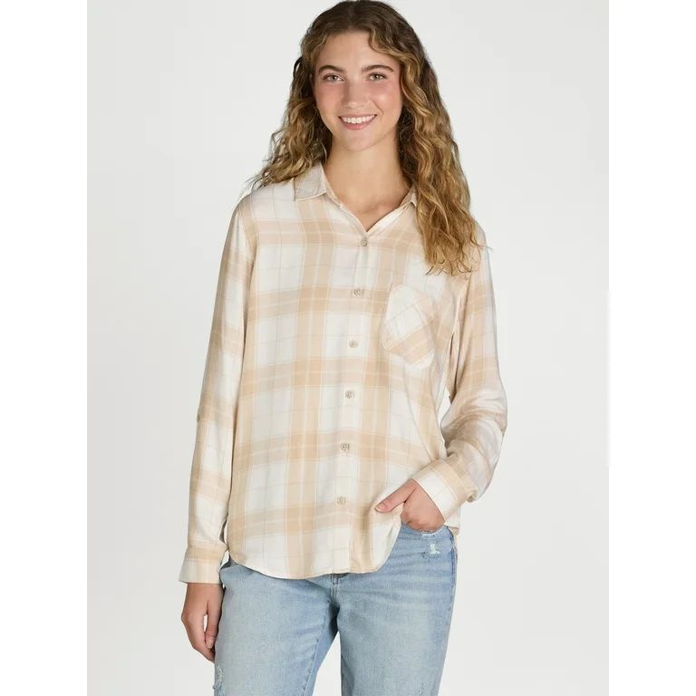 Time and Tru Women's Soft Button Up Shirt with Long Sleeves, Sizes XS-XXXL | Walmart (US)