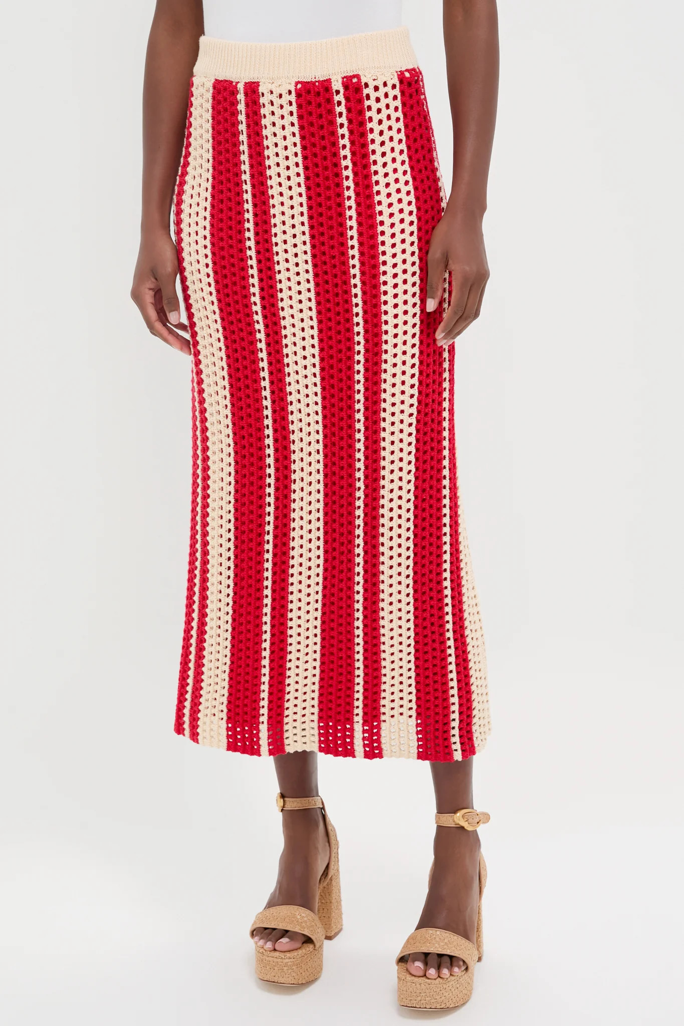 Burnt Red & Beige Striped Knit Ren Midi Skirt | Tuckernuck (US)