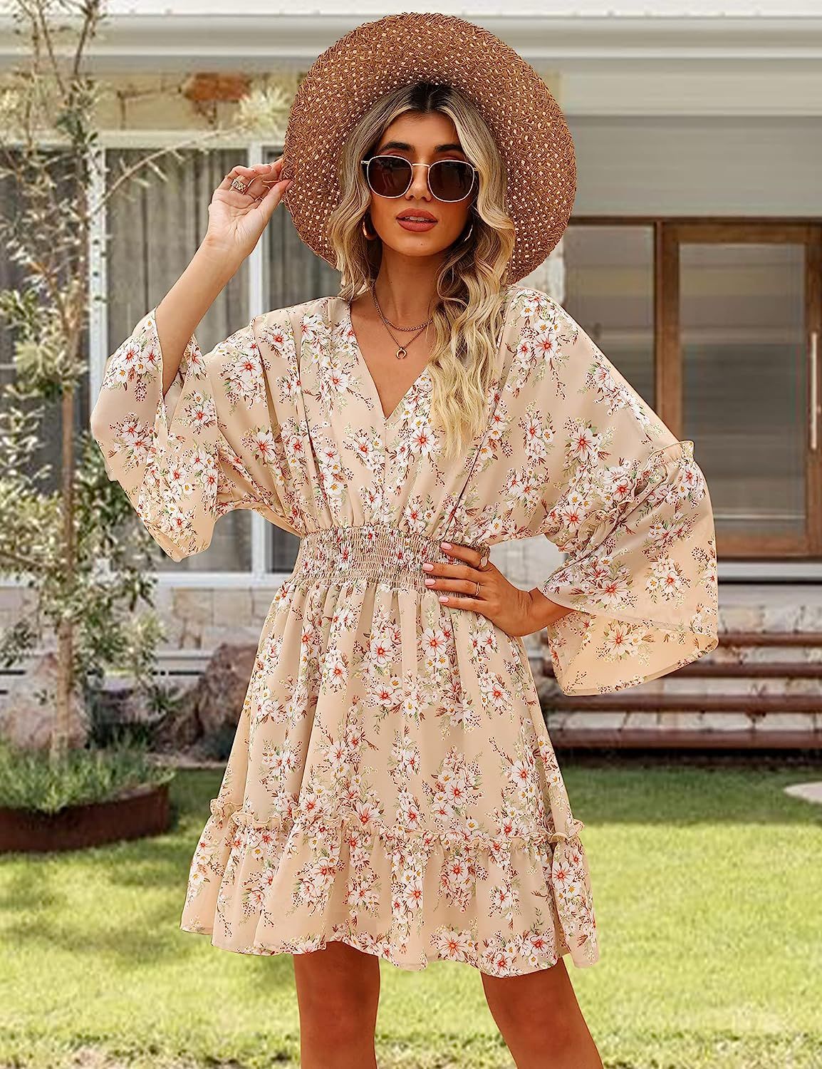 Jollycode Women's Spring Summer 2023 Floral Smocked Mini Dress Boho A Line Chiffon Dress Ruffle S... | Amazon (US)