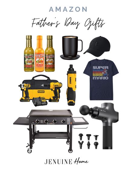 Father’s Day gifts. For him gifts. Boy gifts. Gifts for husband. Gifts for son. Hot sauce. Electric coffee mug. Black sleek baseball cap. Mario T-shirt. Comfy T-shirt. Massage gun. Outdoor grill. Power tools. DIY tools. Marie Sharps hot sauce. Amazon products  
