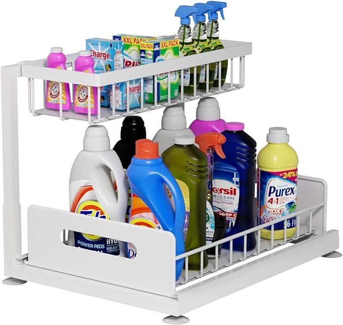 Lxmons 2-Tier Under Sink Slide Out Organizer, Pull Out Cabinet Storage Shelf with Sliding Storage... | Amazon (US)