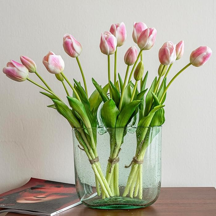 15 flores de tulipanes artificiales, ramo de látex de tacto real, tulipanes falsos para oficina,... | Amazon (US)