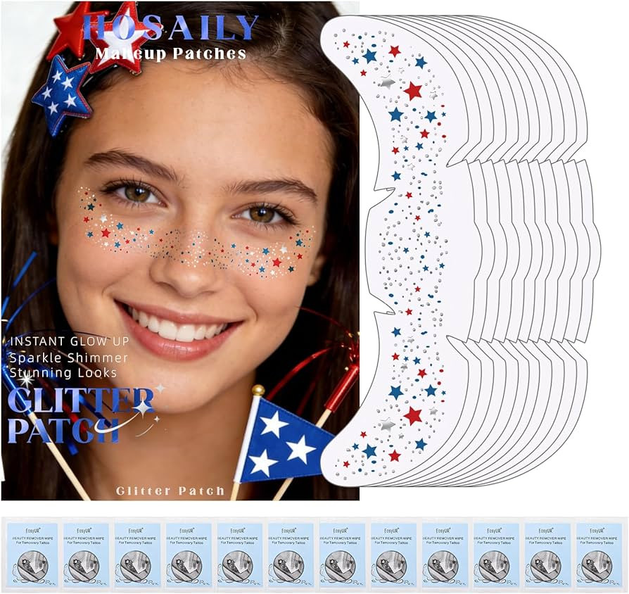 HOSAILY 12pcs Red White and Blue Glitter Freckles Face Tattoo, 4th of July Accessories Patriotic ... | Amazon (US)