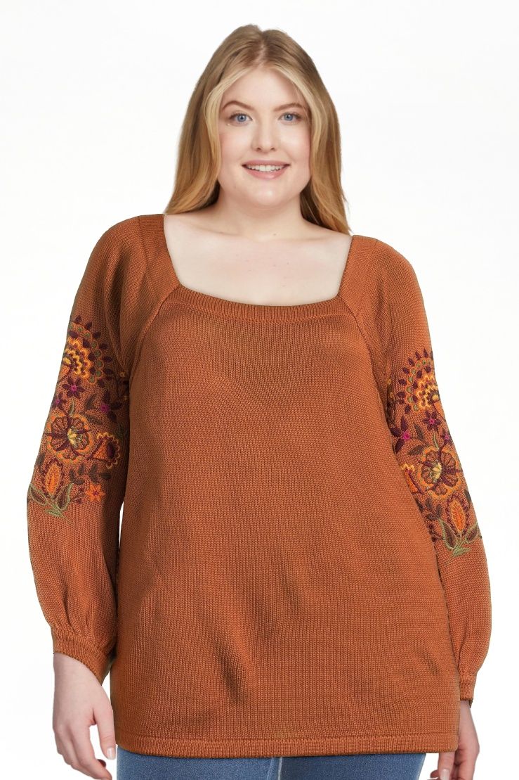 The Pioneer Woman Embroidered Square Neck Pullover Sweater with Puff Sleeves, Women's, Sizes XS-3... | Walmart (US)