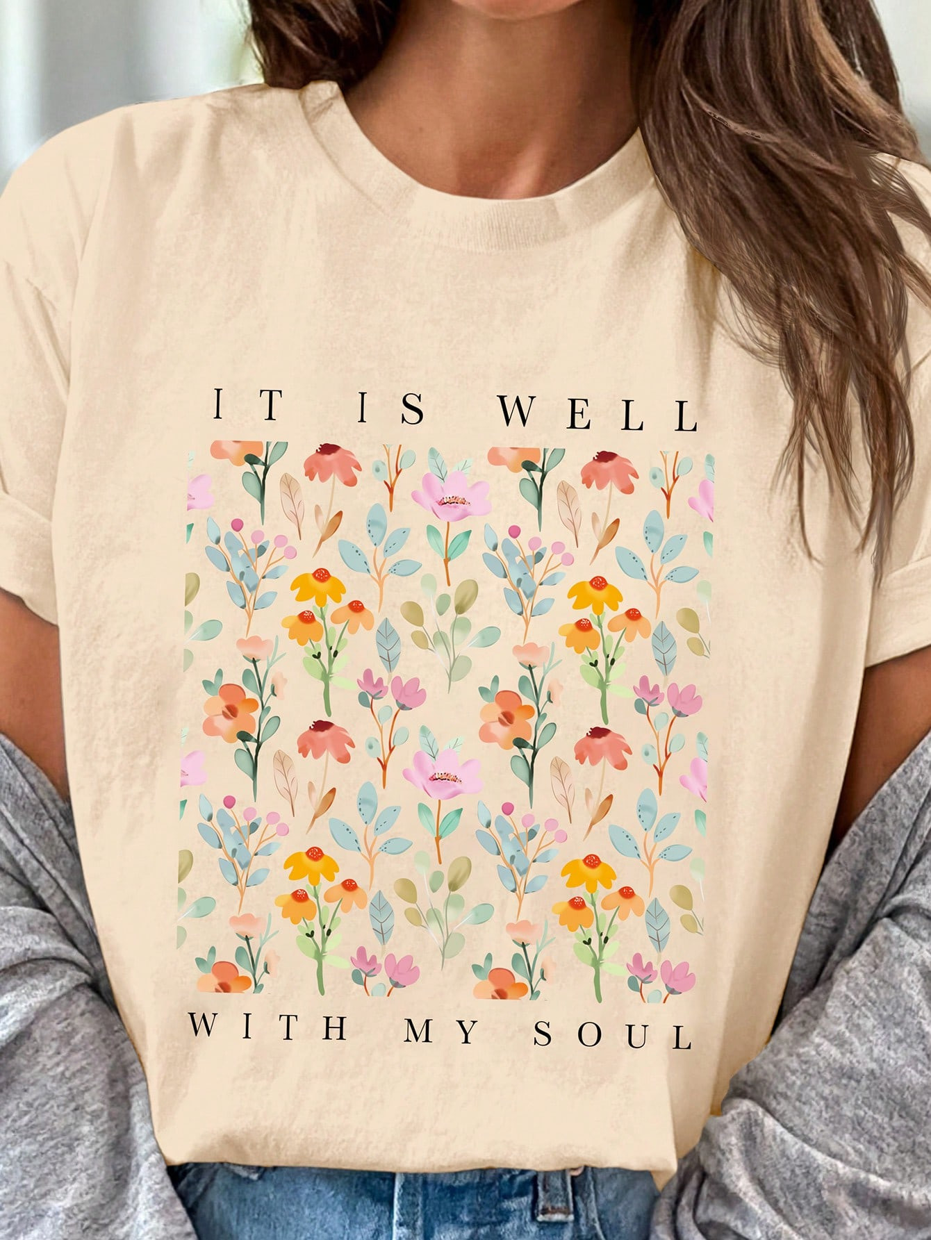 TrendsSHEIN LUNE Women's Summer Letter & Floral Printed Round Neck Short Sleeve Casual T-Shirt, G... | SHEIN