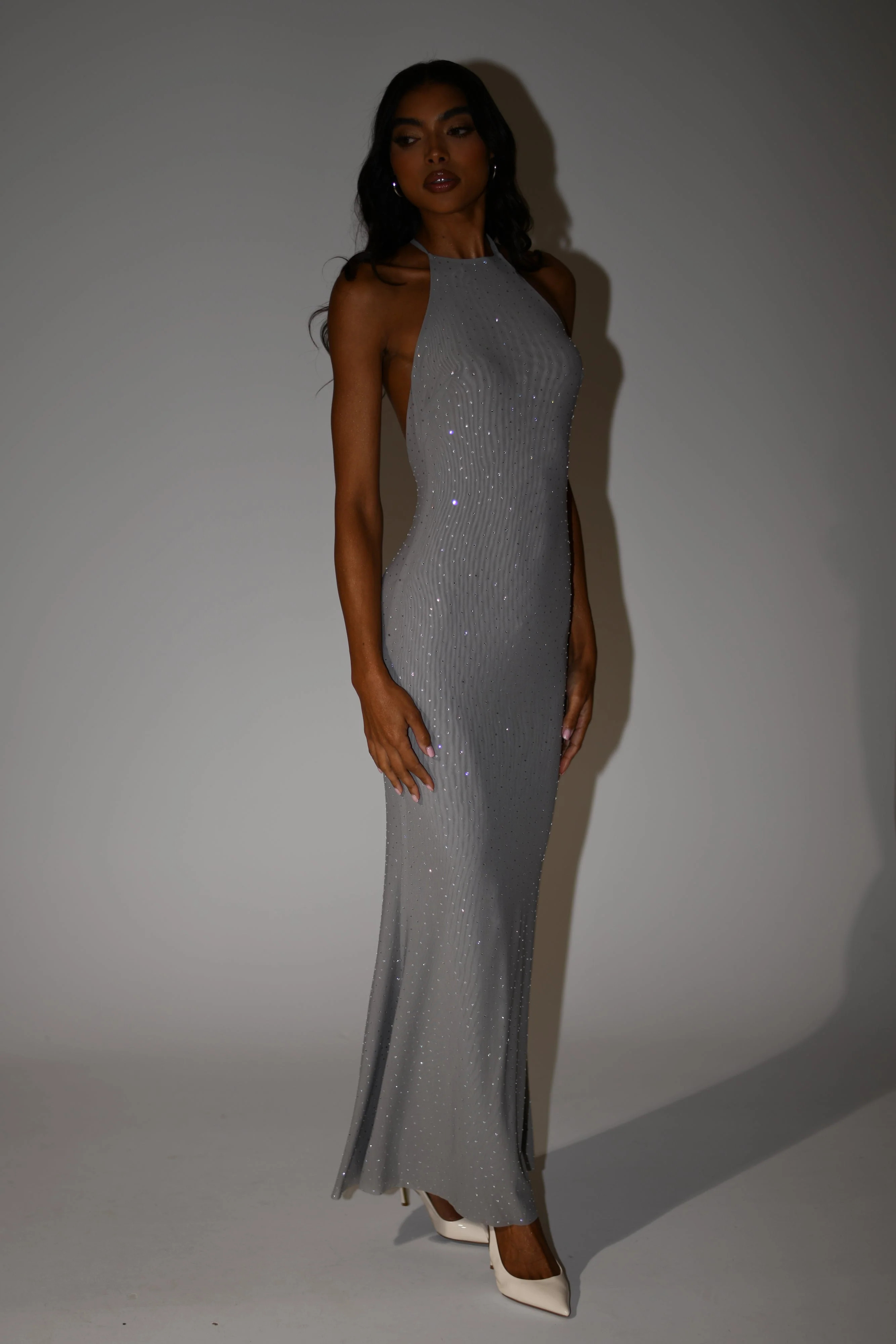 Kali Hot Fix Mesh Halter Maxi Dress - Gunmetal | MESHKI US