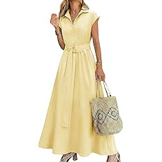 Wenrine Womens Summer Shirt Dress Button Collared Casual Short Sleeve Tie Waist A Line Flowy Long... | Amazon (US)