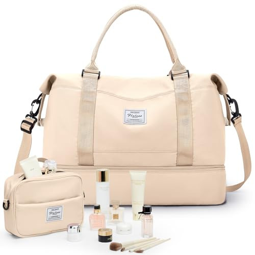 Travel Bag with Shoes Compartment,Weekender Bags for Women Travel,Carry On Duffel Overnight Bag with Toiletry Bag&Trolley Sleeve,Travel Tote Bag Sports Gym Bag,Beige | Amazon (US)