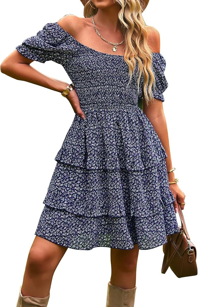 KIRUNDO 2023 Summer Women's Square Neck Smocked Floral Dress Boho Off Shoulder Tiered Ruffle Flowy M | Amazon (US)