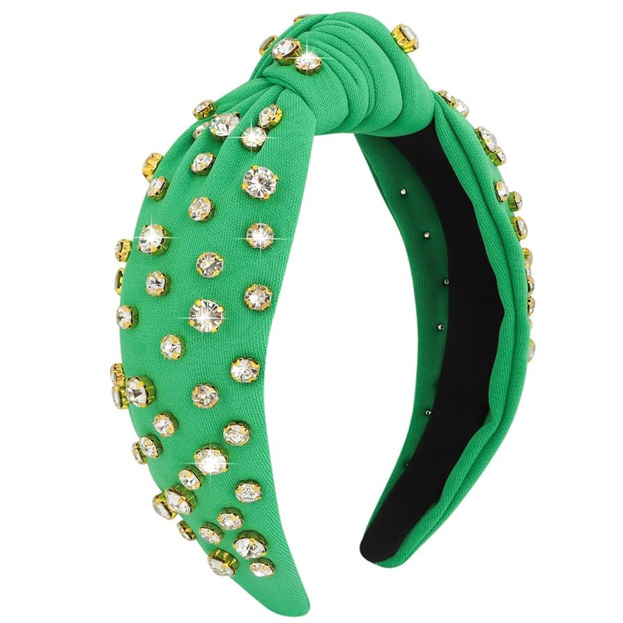 Rhinestone and Jeweled Embellished Headband - Green Sparkly Knotted Crystal Non-Slip Top Knot Hea... | Amazon (US)