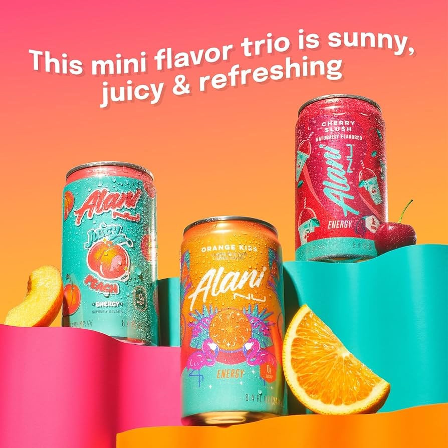 Sip on sunshine with the Alani Nu Mini Energy Drink Variety Pack! ☀️ This trio features three refreshing flavors, Cherry Slush, Orange Kiss, and Juicy Peach. All packed with 100mg of caffeine, 0 sugar, and 0 guilt. 💪 Perfect for a quick energy boost, a fruity pick-me-up, or to keep your day bright and energized! 🌈💫