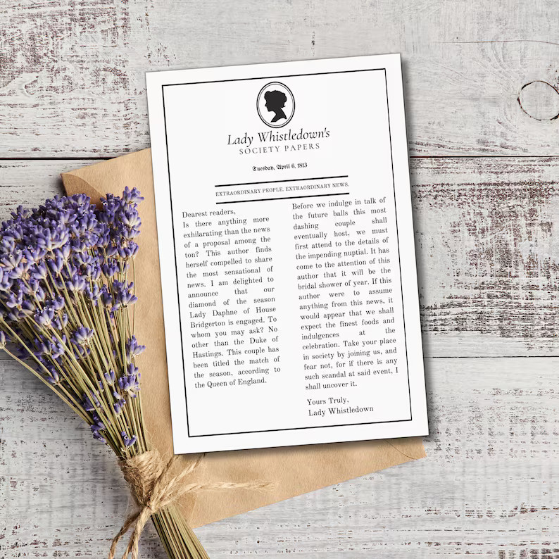 Editable Bridgerton Bridal Shower Lady Whistledown Column INSTANT DOWNLOAD - Etsy | Etsy (US)