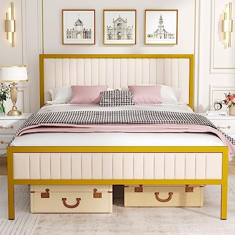 Catrimown Queen Bed Frame, Gold Bed Frame Velvet Upholstered Queen Size with Headboard, Heavy Dut... | Amazon (US)